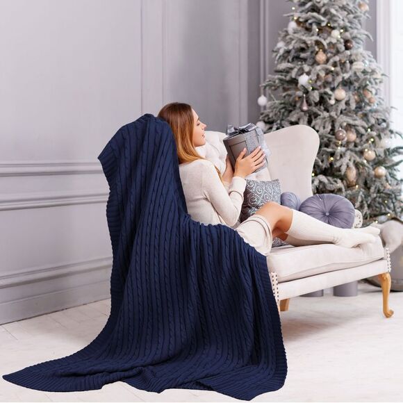 100% Cotton Throw Blanket for Sofa Soft Cable Knit Blanket 50" x 60" Navy Blue - Picture 3 of 6